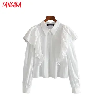 Tangada kvinder broderi flæsekanter bomuld hvide skjorter med lange ærmer fast elegante kontor damer arbejde at bære bluser toppe 3H291