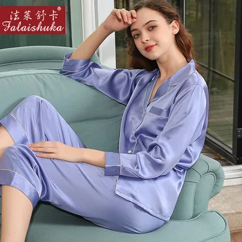 19 momme Elegant naturlig silke pyjamas sæt kvinder med lange ærmer Ædle Ren farve naturlig silke pyjamas kvinder nattøj