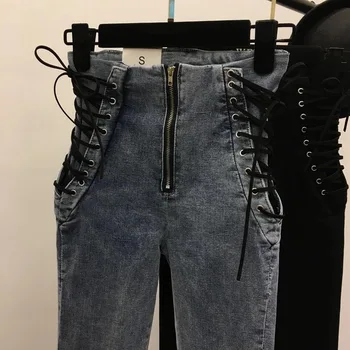 Pontallon snøre foran og lynlås, jeans, Tynde sort grå Jeans Kvinde, sexet, Høj Talje dame denim Bukser 5xl Plus Size bukser