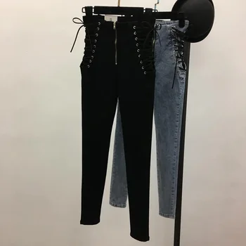 Pontallon snøre foran og lynlås, jeans, Tynde sort grå Jeans Kvinde, sexet, Høj Talje dame denim Bukser 5xl Plus Size bukser