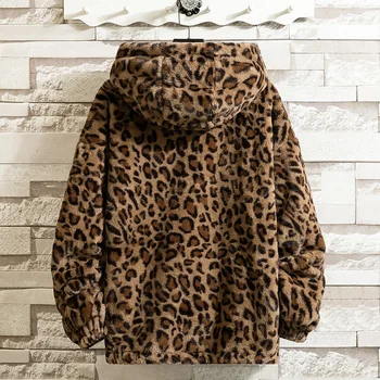 2020 Mænds Smukke Vinter Mink Imiteret Pels Leopard Print Jacket Youth Zip Hooded Jakke