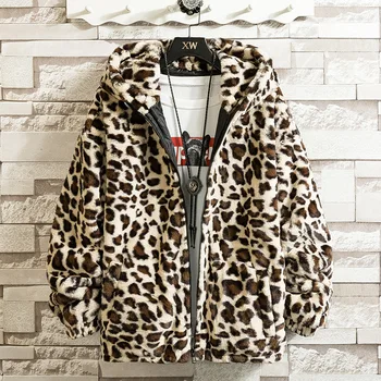 2020 Mænds Smukke Vinter Mink Imiteret Pels Leopard Print Jacket Youth Zip Hooded Jakke