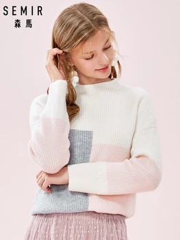 SEMIR Kvinder Lang Mohair Strik-blanding Sweater i Farve Blok Faldt Skulder Rib Strik Sweater Ribbet Mock Turtleneck Manchet og Hem