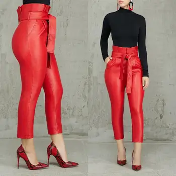 Kvinder new høj wasit flæser imiteret læder PU ankel længde blyant tynde bukser mode red black bukser